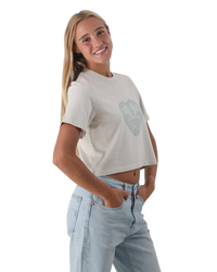The Born by the Sea Womens Mandala Heart Crop T-Shirt in Faded Bone