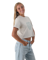 The Born by the Sea Womens Mandala Heart Crop T-Shirt in Faded Bone