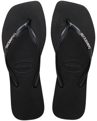 The Havaianas Womens Square Logo Metallic Flip Flops in Black & Silver