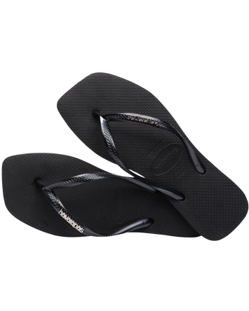 The Havaianas Womens Square Logo Metallic Flip Flops in Black & Silver