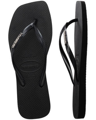 The Havaianas Womens Square Logo Metallic Flip Flops in Black & Silver