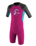 The O'Neill Girls Reactor-2 2mm Back Zip Shorty Wetsuit in Berry, Light Aqua & Graphite