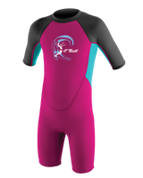 The O'Neill Girls Reactor-2 2mm Back Zip Shorty Wetsuit in Berry, Light Aqua & Graphite