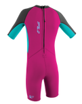 The O'Neill Girls Reactor-2 2mm Back Zip Shorty Wetsuit in Berry, Light Aqua & Graphite