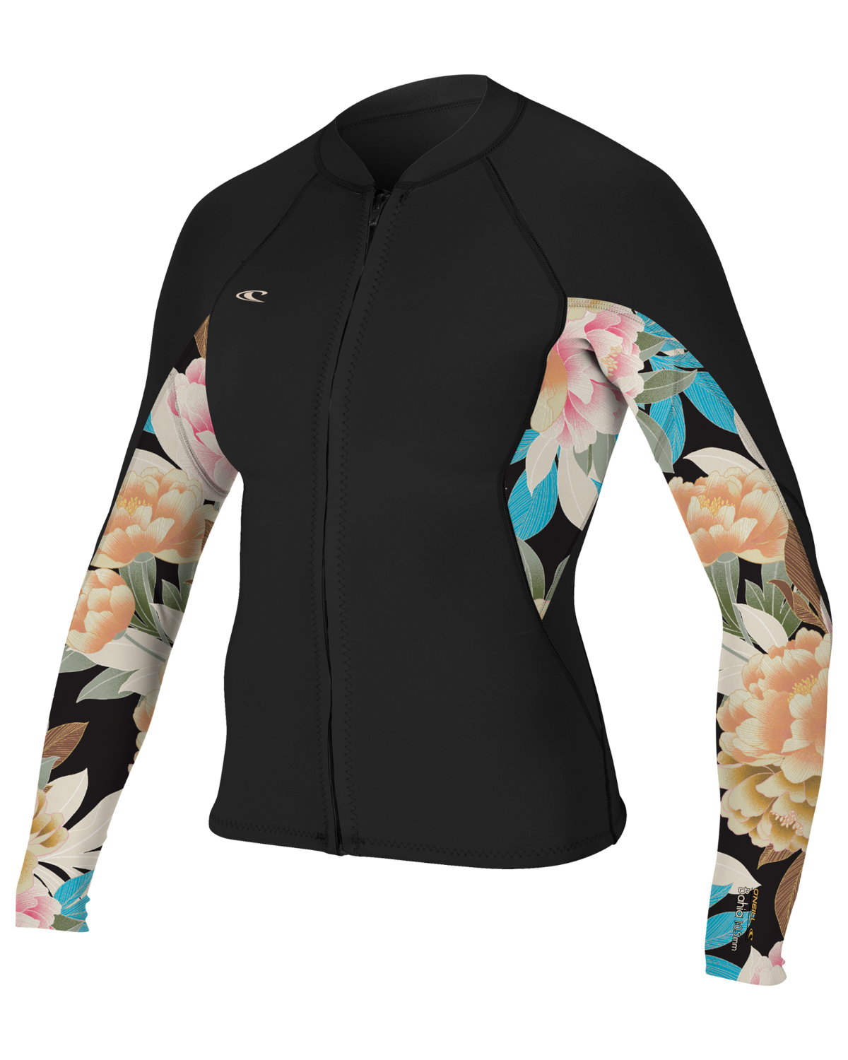 The O'Neill Womens Bahia 1/0.5mm Full Zip Jacket in Black, Mikah Floral & Black