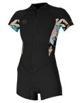 The O'Neill Womens Bahia 2/1mm Front Zip Shorty Wetsuit in Black, Mikah Floral & Black