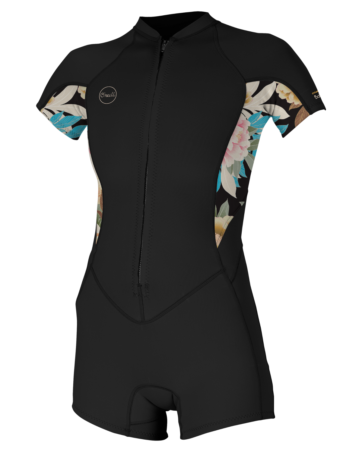 The O'Neill Womens Bahia 2/1mm Front Zip Shorty Wetsuit in Black, Mikah Floral & Black