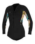 The O'Neill Womens Bahia 2/1mm Front Zip Short Spring Wetsuit in Black, Mikah Floral & Black