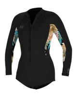 The O'Neill Womens Bahia 2/1mm Front Zip Short Spring Wetsuit in Black, Mikah Floral & Black