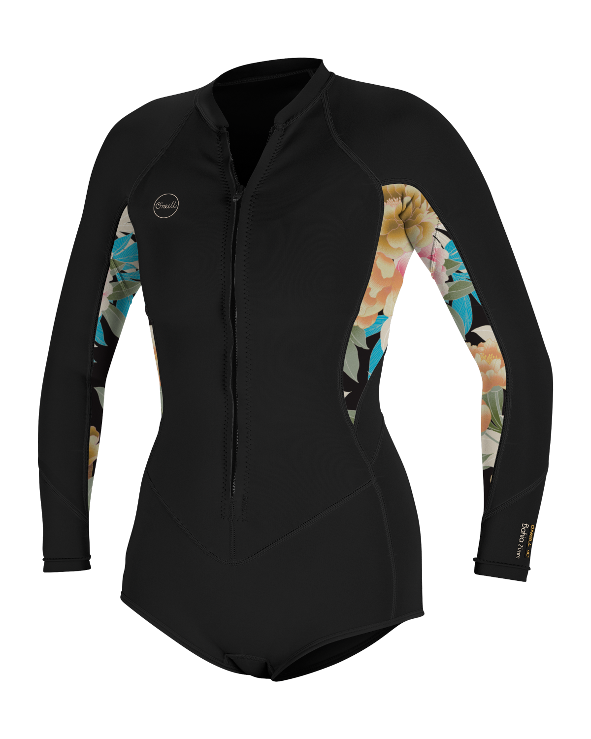 The O'Neill Womens Bahia 2/1mm Front Zip Short Spring Wetsuit in Black, Mikah Floral & Black
