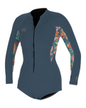 The O'Neill Womens Bahia 2/1mm Front Zip Short Spring Wetsuit in Copenblue, Painted Tropics & Copenblue