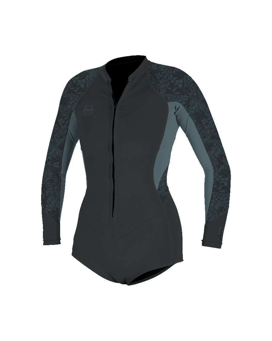 The O'Neill Womens Bahia 2/1mm Front Zip Spring Wetsuit in Tempered Steel, Shade & Shaded Island Sky