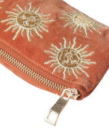 The Elizabeth Scarlett Womens Sun Goddess Velvet Coin Purse in Rust