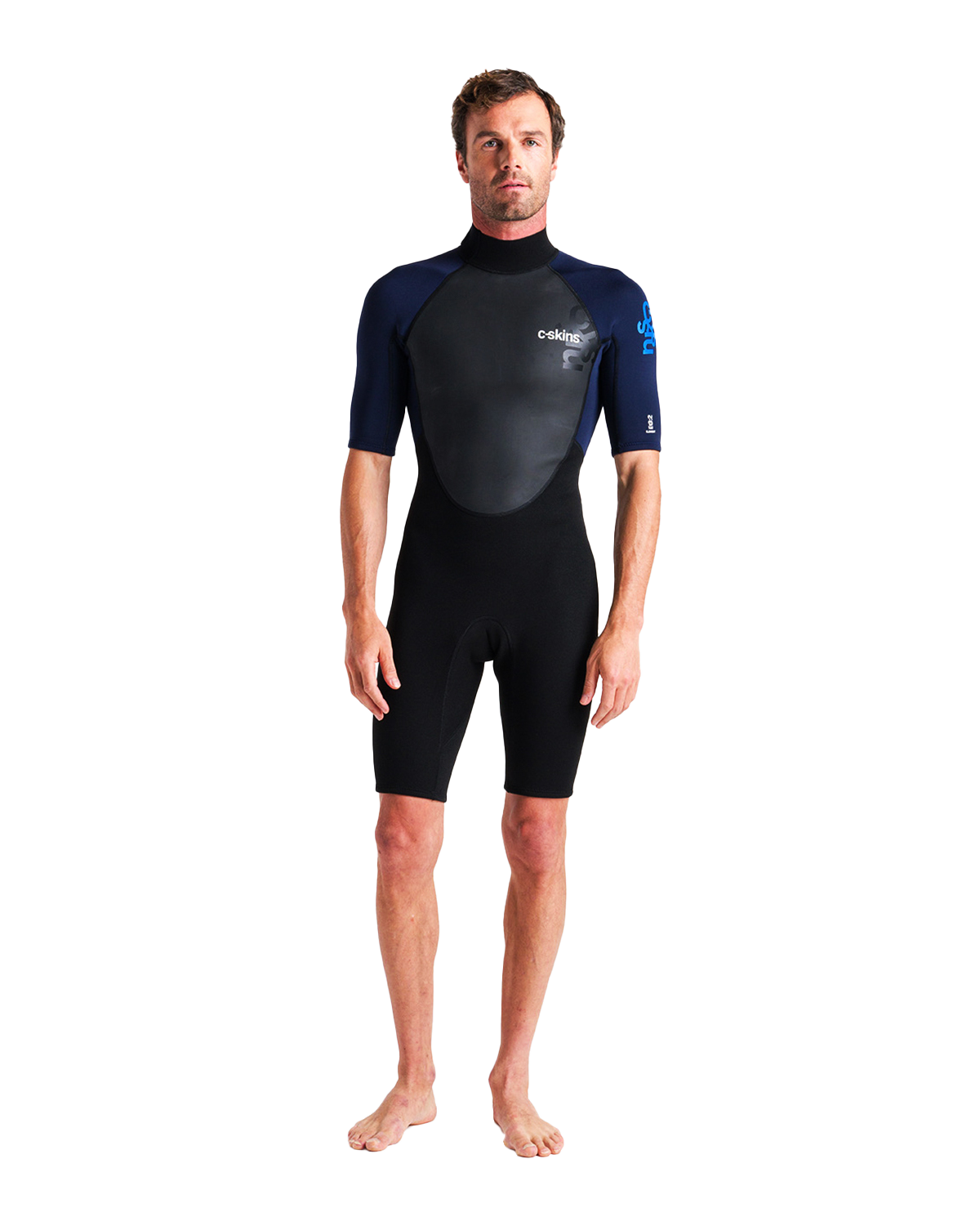 The C-Skins Mens Element 3/2mm Back Zip Shorty Wetsuit in Black, Slate & Cyan