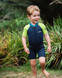 The C-Skins Boys NuWave C-Kid Baby Front Zip Shorty Wetsuit in Bluestone & Lime