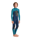 Boys NuWave Legend 4/3mm Back Zip Wetsuit in Bluestone, Emerald & Lime