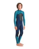 Boys NuWave Legend 4/3mm Back Zip Wetsuit in Bluestone, Emerald & Lime