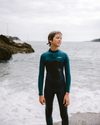 Boys NuWave Legend 4/3mm Back Zip Wetsuit in Bluestone, Emerald & Lime