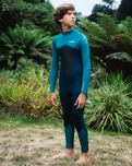 Boys NuWave Legend 4/3mm Back Zip Wetsuit in Bluestone, Emerald & Lime
