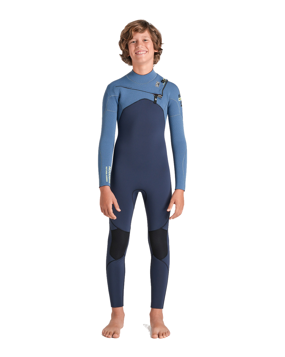 The C-Skins Boys NuWave Session 4/3mm Chest Zip Wetsuit in Bluestone, Steel Blue X & Lime