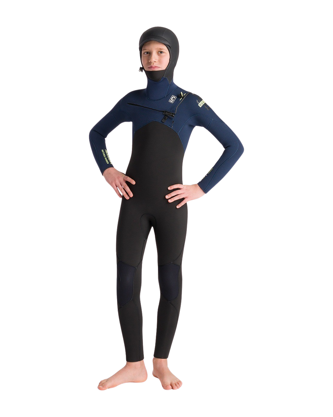 Boys NuWave Session 5/4mm Hooded Chest Zip Wetsuit in Black, Bluestone X & Cool Green