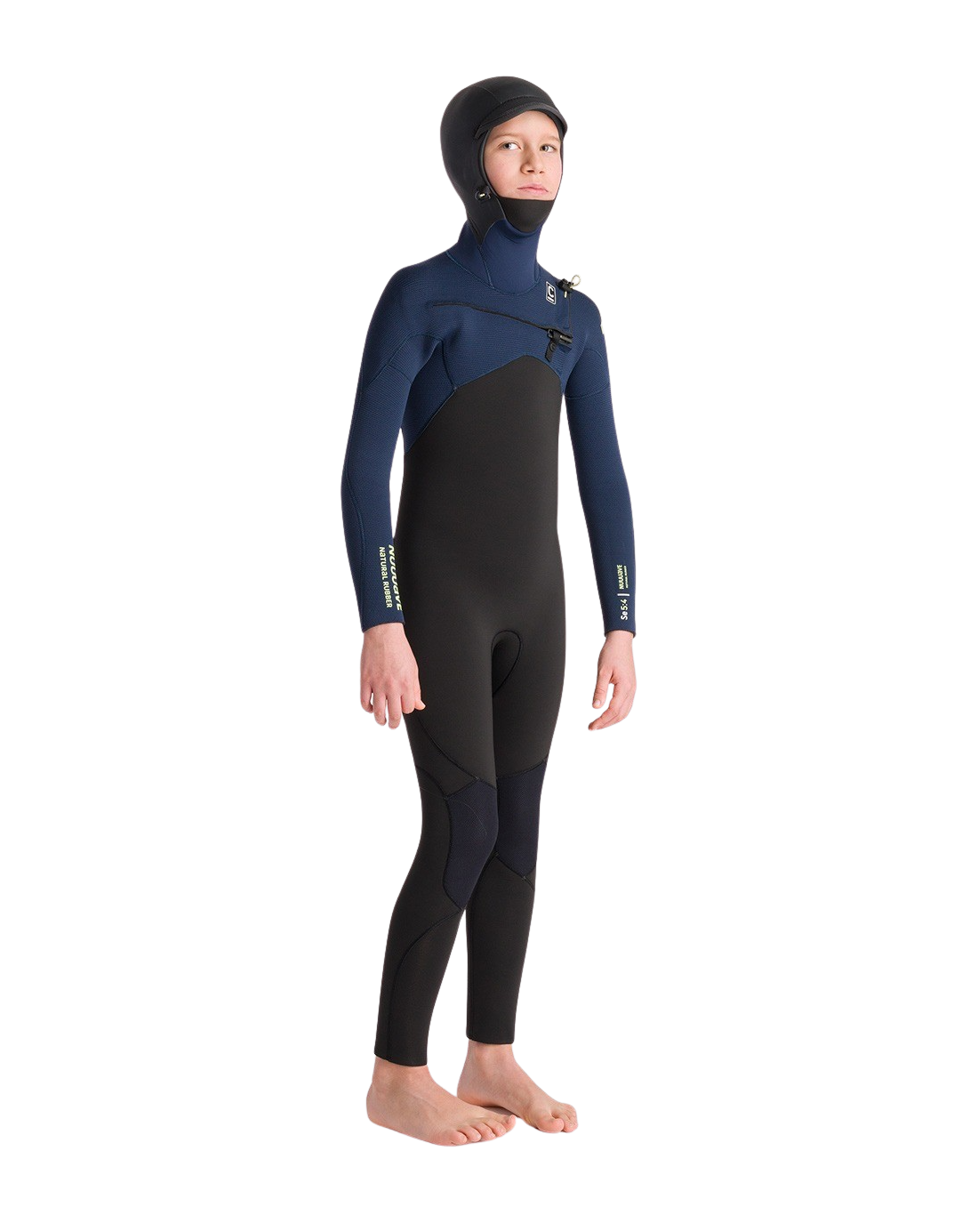 Boys NuWave Session 5/4mm Hooded Chest Zip Wetsuit in Black, Bluestone X & Cool Green