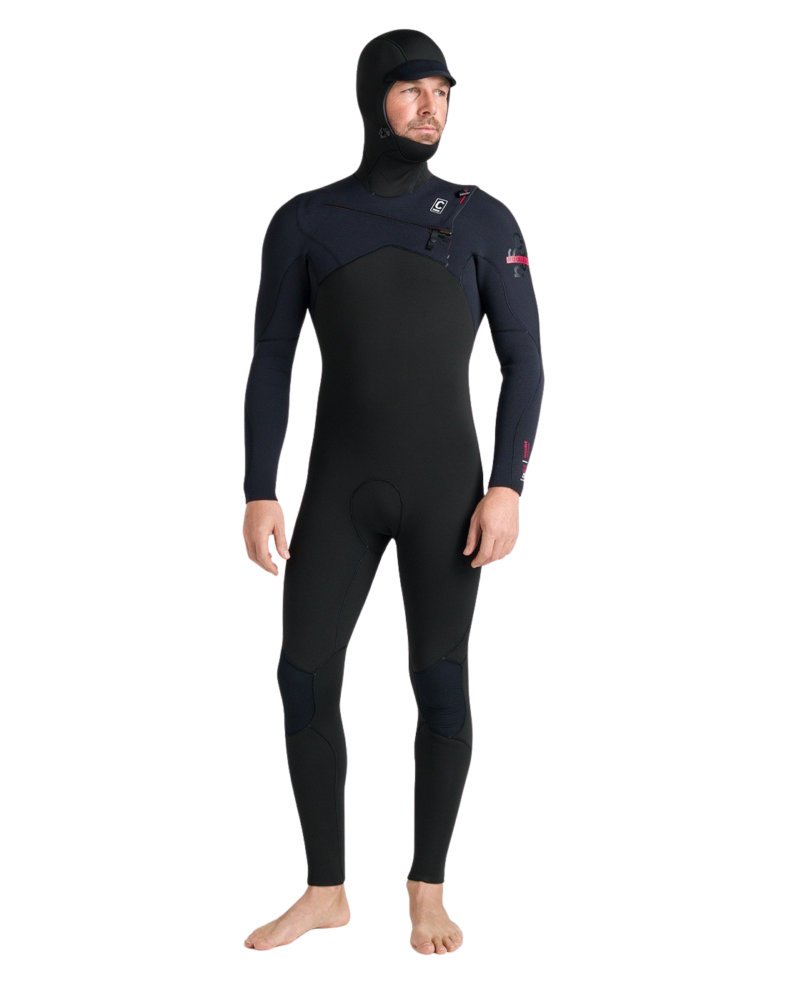 NuWave Session 5/4/3mm Hooded Chest Zip Wetsuit in Black, Black & Red