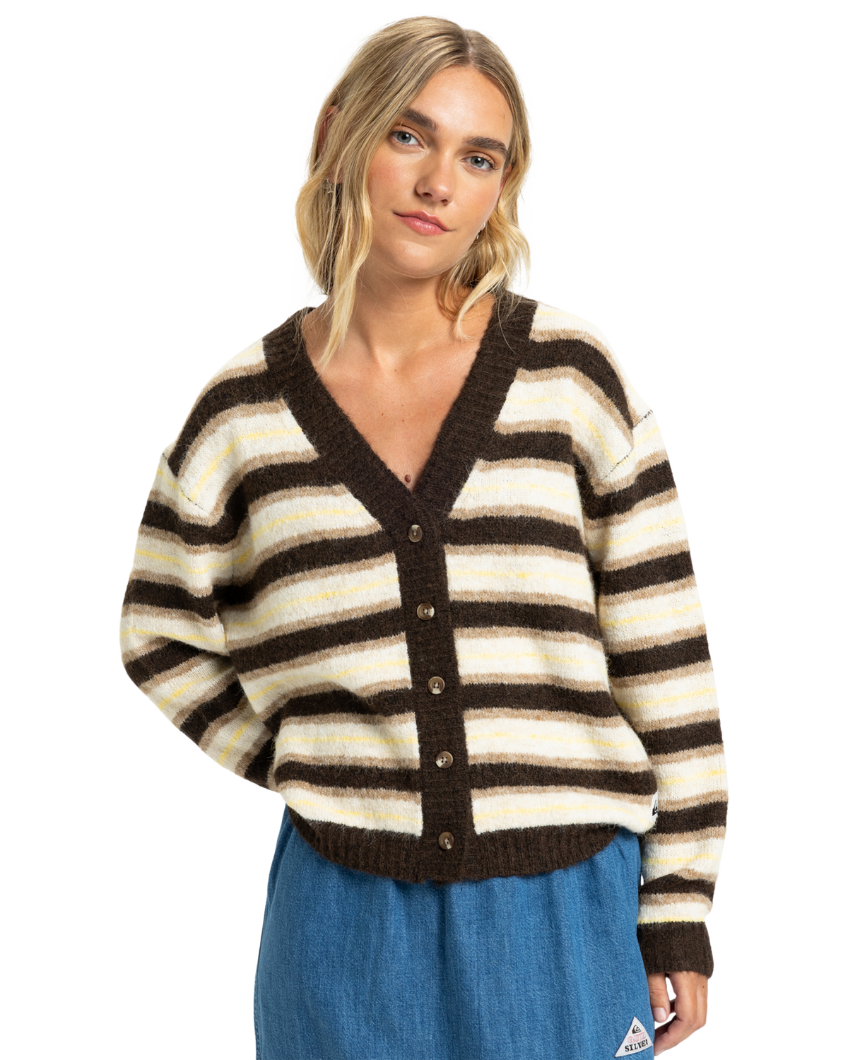The Quiksilver  Womens Bukit Cardigan in Chocolate Brown Stripes