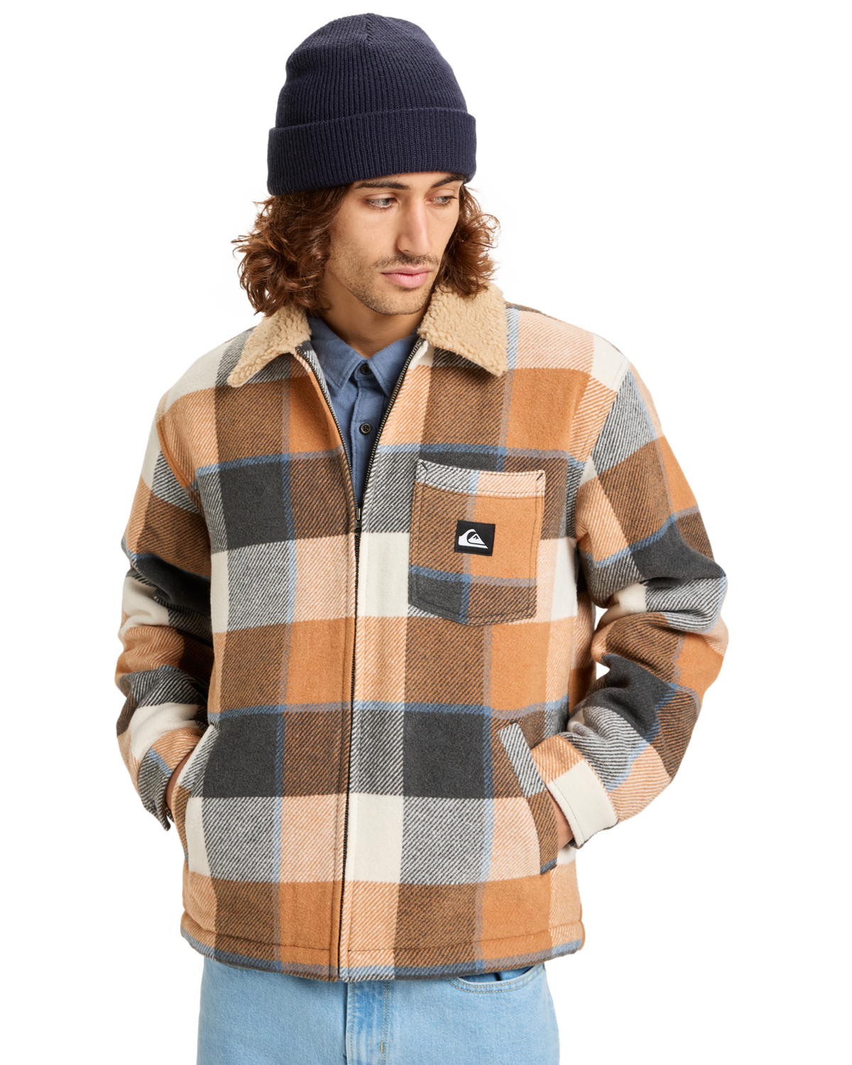The Quiksilver Mens DNA Sherpa Harrington Jacket in Almond Sherpa Harrington