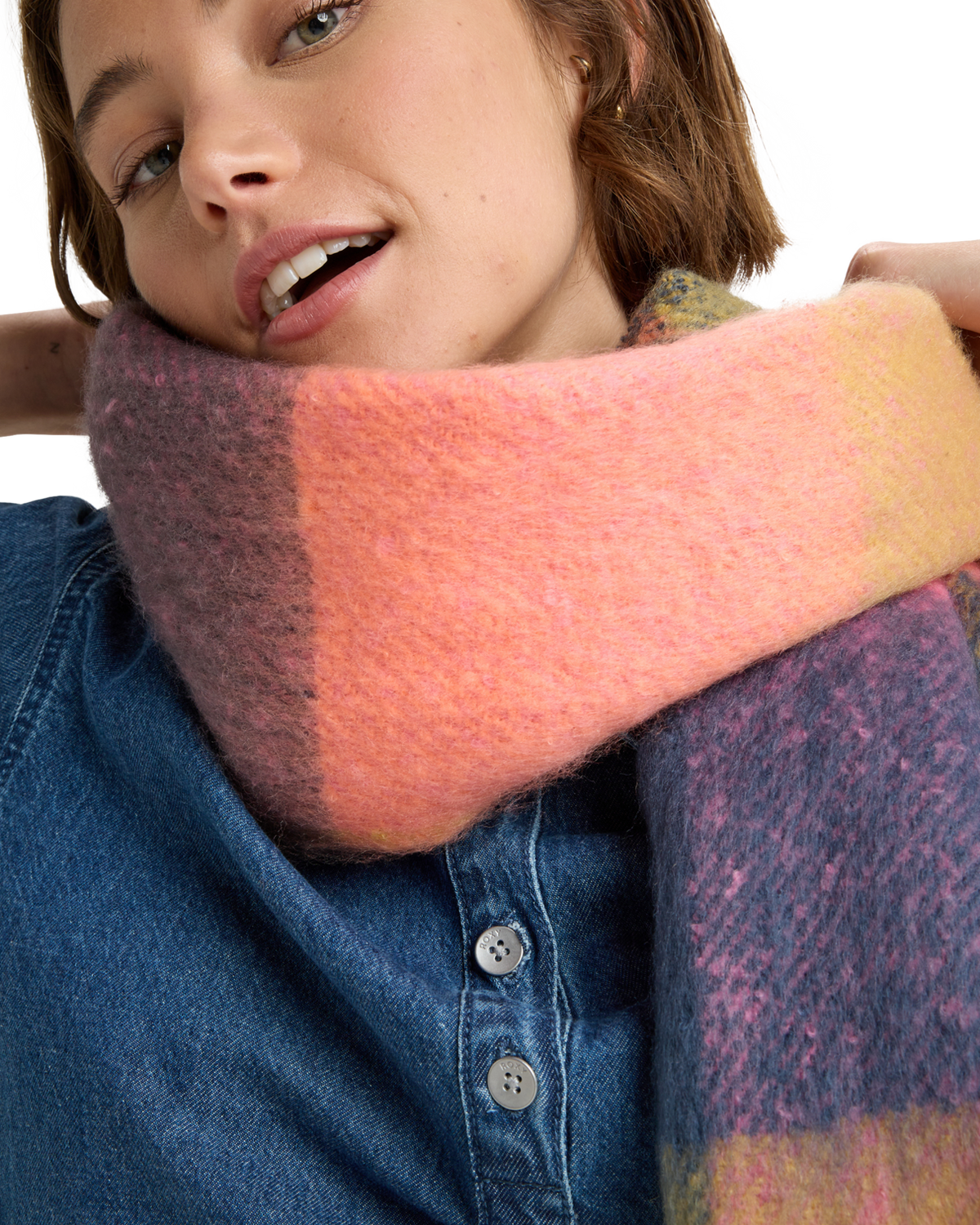 The Roxy Womens Cute Blush Scarf in Ochre Elmer Plaid
