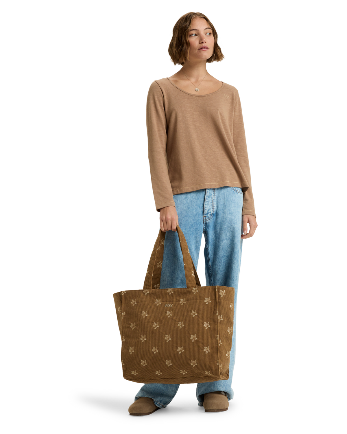 The Roxy Feeling Embroidery Beach Bag in Woodsmoke