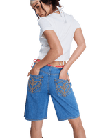 Cool Girl Longline Denim Shorts in Surf Wash