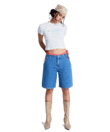 Cool Girl Longline Denim Shorts in Surf Wash