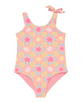 Girls Check One Piece Swimsuit in Plumeria Hippie Hour Diagonal