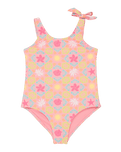 Girls Check One Piece Swimsuit in Plumeria Hippie Hour Diagonal