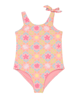 Girls Check One Piece Swimsuit in Plumeria Hippie Hour Diagonal