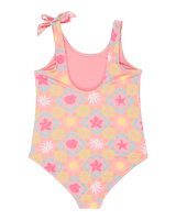 Girls Check One Piece Swimsuit in Plumeria Hippie Hour Diagonal