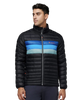 The Cotopaxi Mens Fuego Down Jacket in Black & Pacific Stripe