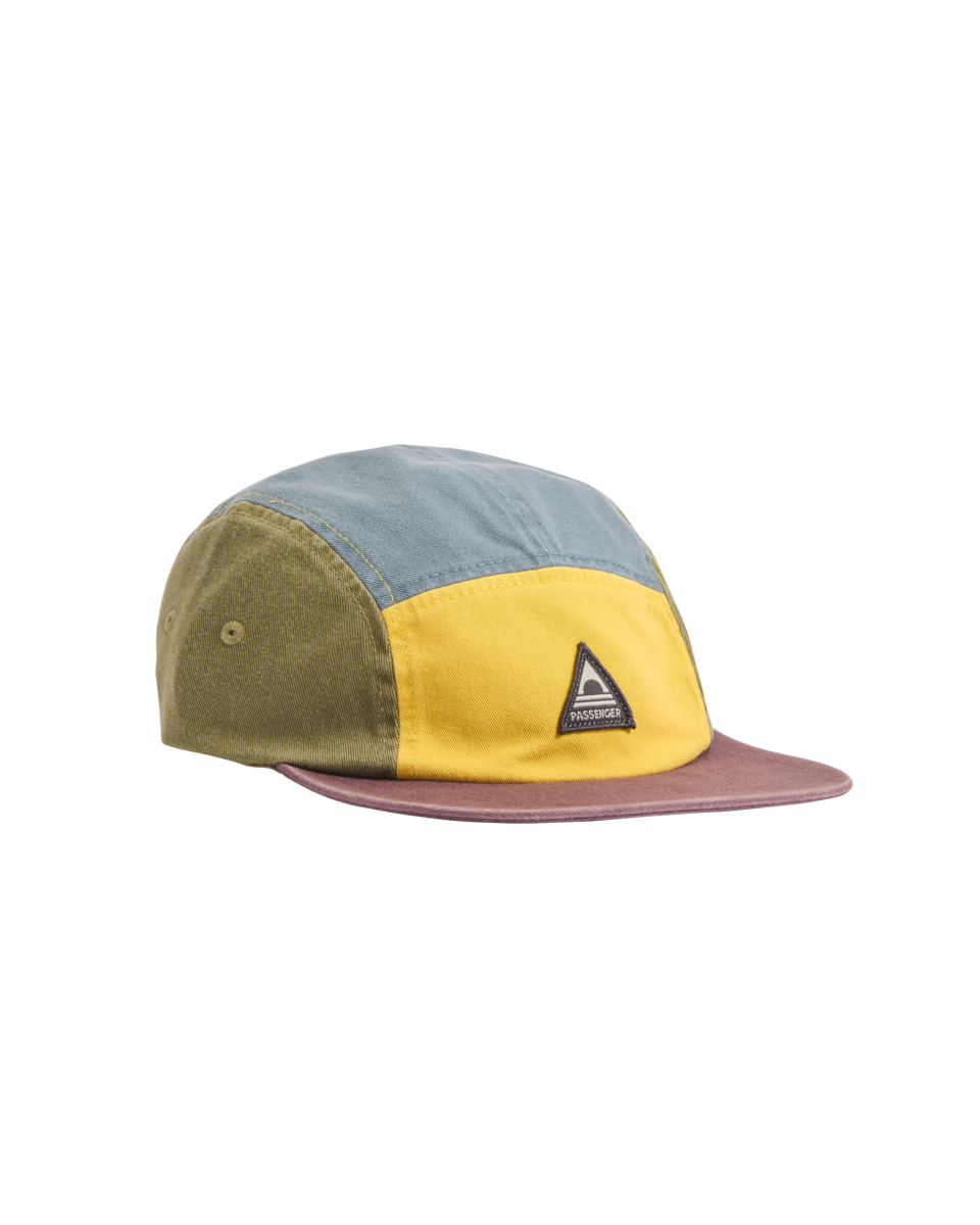 The Passenger Mens Fixie 5 Panel Cap in Dusty Ochre & Stormy Blue