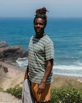 The Passenger Mens Retro T-Shirt in Deep Ocean Multi Stripe