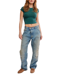 The Free People Womens Protagonist Cropped Cap Sleeve T-Shirt in Rainforest