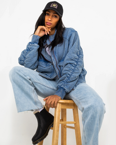 The Free People Womens Flying High Bomber Jacket in Denim Grey