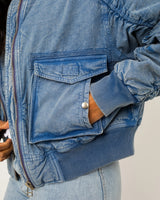 The Free People Womens Flying High Bomber Jacket in Denim Grey