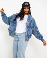 The Free People Womens Flying High Bomber Jacket in Denim Grey