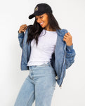 The Free People Womens Flying High Bomber Jacket in Denim Grey