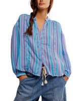 The Free People Womens Striped Valley Double Cloth Shirt in Blue Combo