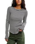 The Free People Womens Easy Does It Striped Long Sleeve T-Shirt in Black & White
