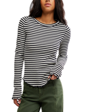 The Free People Womens Easy Does It Striped Long Sleeve T-Shirt in Black & White