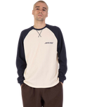 The Santa Cruz Mens Classic Strip Raglan Long Sleeve T-Shirt in Wax Paper & Midnight Blue