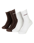 The Santa Cruz Womens Strip Frill Socks (2 Packs) in Off White & Brown Gingham